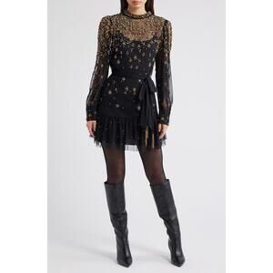 New FARM Rio Embroidered Tulle Overlay Minidress In Black Size L $398